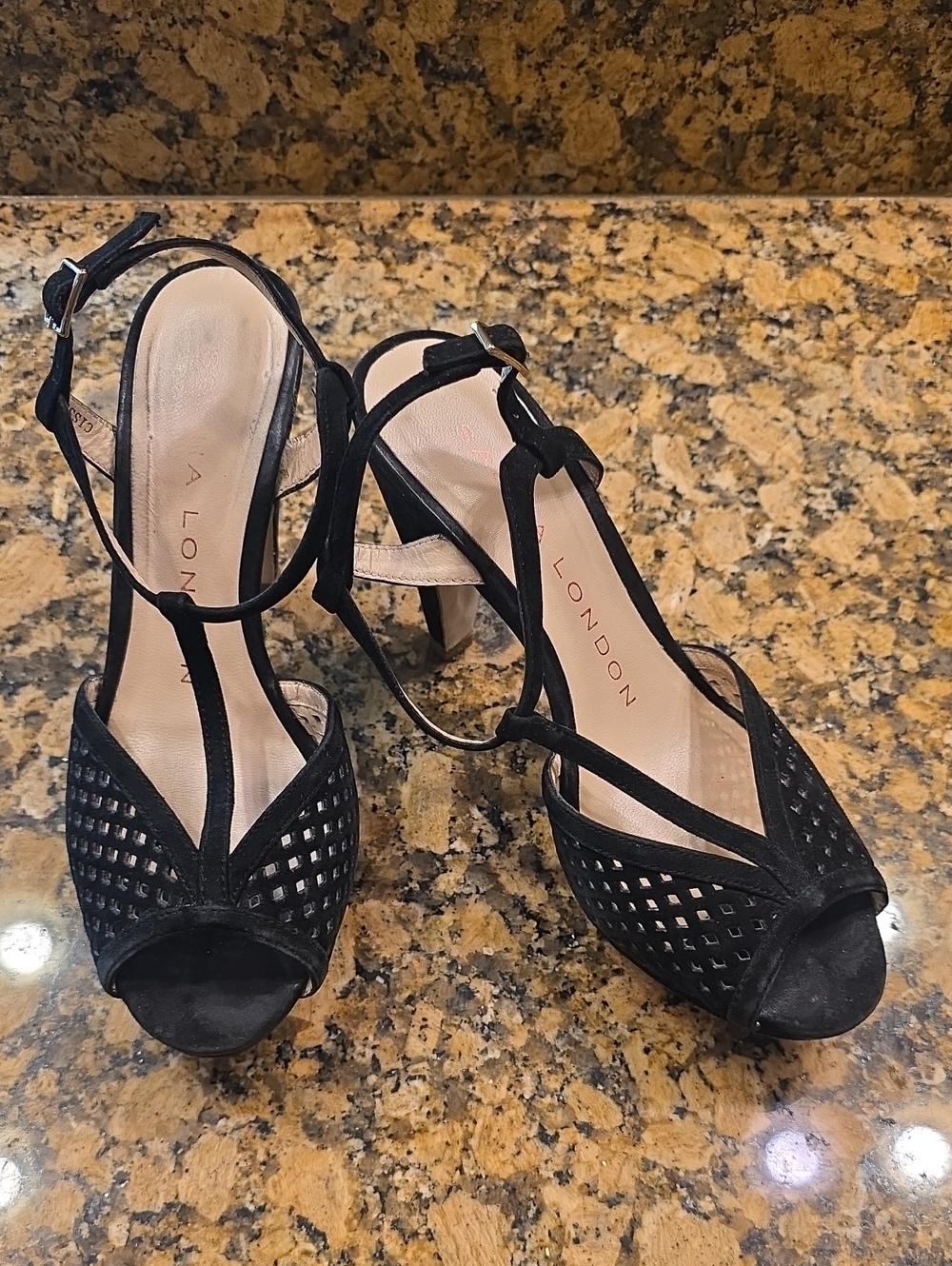 Sacha London Black Suede Cutout Peep-Toe Ankle Strap Heels